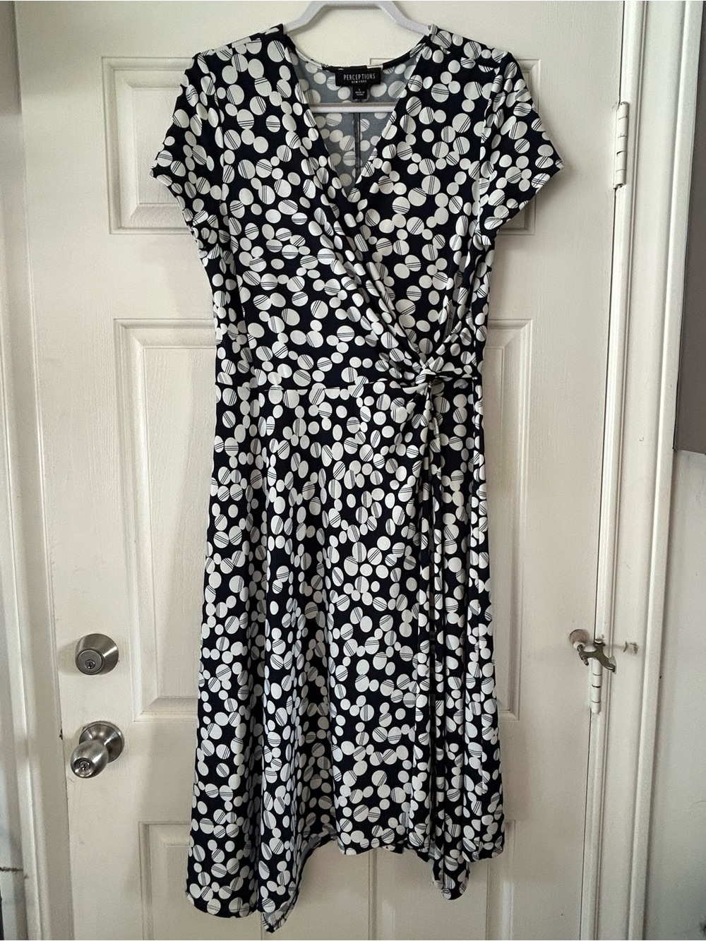 Perceptions Black and White Polka Dot Faux-Wrap Midi Dress (115)